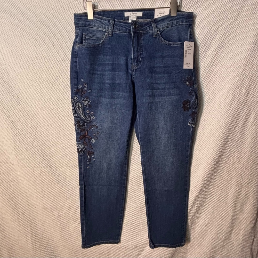 CLEO Sz 8P Sofia Straight Leg Mid Dark Wash Embroidered Blue Jeans NEW WITH TAGS - Picture 3 of 13